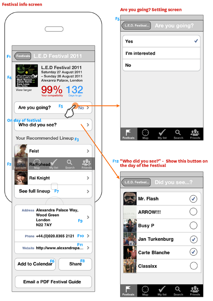 Last.fm festival finder iPhone app wireframes