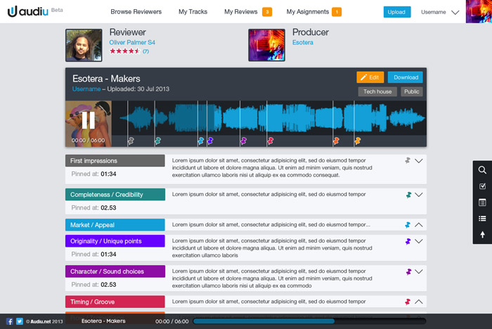 Audiu professional music review website app user interface UI design